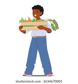 Cartoon boy little farmer character carrying crate with carrot harvest enjoying organic gardening food production isolated on white background. Small helper collecting crop vector illustration