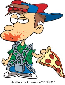 cartoon boy locked up in chains holding a pizza slice