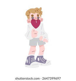 Cartoon Boy With Lollipop. Cartoon boy in light clothes holding a heart-shaped lollipop. Flat style, pastel colors, isolated on white background.