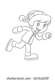 Cartoon boy looking running and smiling - coloring page - illustration for children