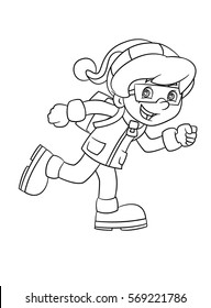 Cartoon boy looking running and smiling - coloring page - illustration for children