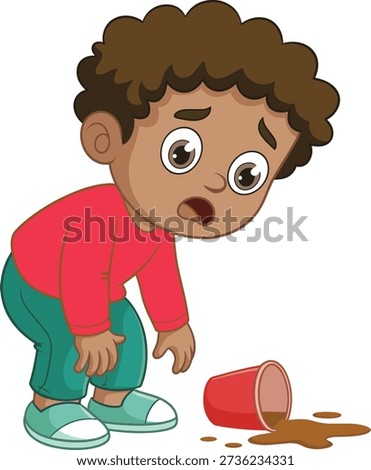 Cartoon boy looking at spilled brown red coffee cup liquid from hand.