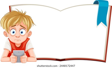 Cartoon boy looking tired with book and game