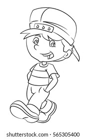 Cartoon boy looking walking and smiling - coloring page - illustration for children