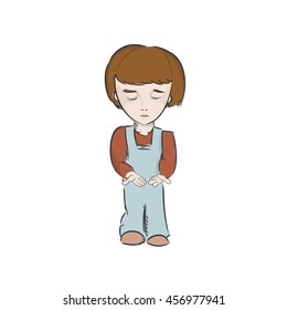 Cartoon boy looks at open hands vector illustration