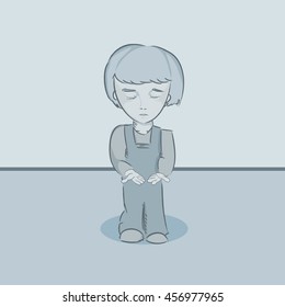 Cartoon boy looks at open hands vector illustration