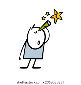 Cartoon boy looks through a telescope and studies the starry sky and space. Vector illustration of a stickman and a toy telescope. Funny person on white background.