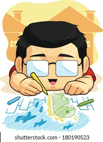 Cartoon of Boy Loves Drawing & Doodling