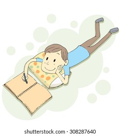 cartoon boy lying on the floor and drawing on sketchbook.