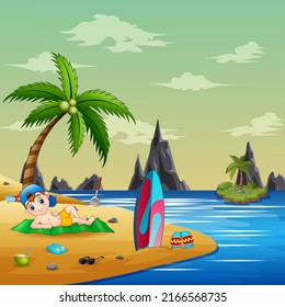 Cartoon boy lying on the mat and enjoying the beach view