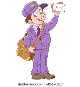 Cartoon boy - mail man, postman. Colorful book page design for kids and children.