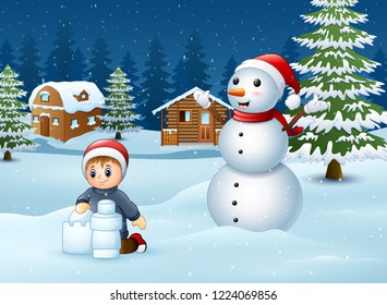 Cartoon boy making snow building