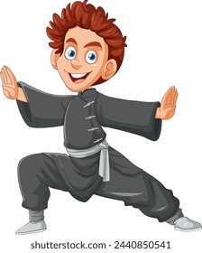 Cartoon boy in martial arts stance, smiling widely.
