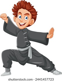 Cartoon boy in martial arts stance, smiling.