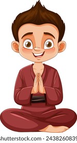 Cartoon boy meditating with a thankful gesture