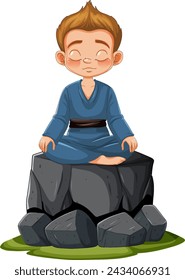 Cartoon boy in meditation pose on stone