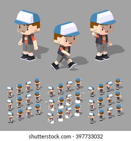 Cartoon boy minifigure. 3D lowpoly isometric vector illustration. The set of objects isolated against the grey background and shown from different sides