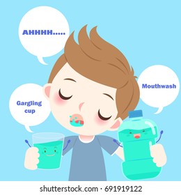 cartoon boy with mouthwash on the blue background