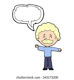 cartoon boy with mustache with speech bubble