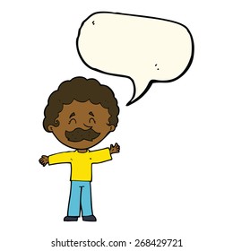 cartoon boy with mustache with speech bubble