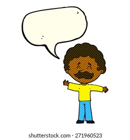 cartoon boy with mustache with speech bubble