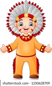 Cartoon Boy Native American Indian With Traditional Costume