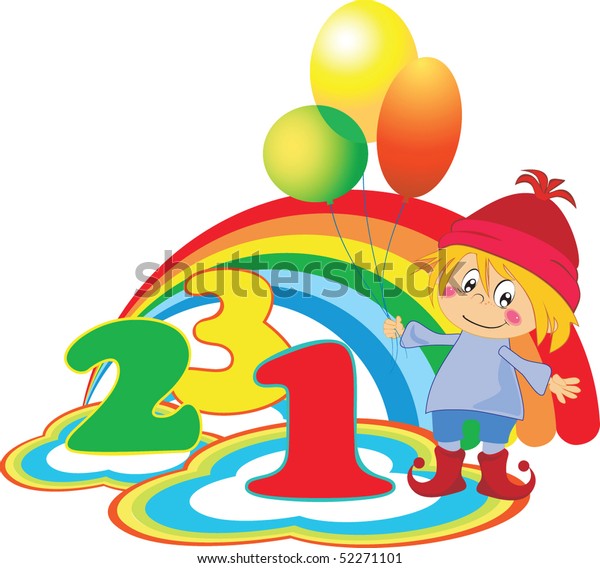 Cartoon boy with\
number ,rainbow and\
balloons