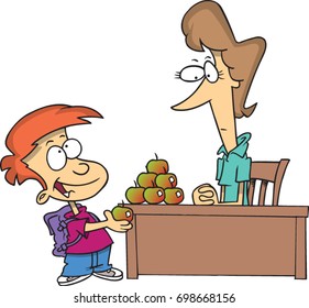 cartoon boy offering an apple to his teacher who already has a pile of apples on her desk
