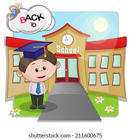 Cartoon Boy on the background of the school