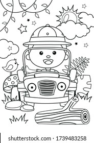 Cartoon Of A Boy On Car In The Jungle Coloring Pages