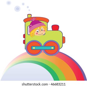 Cartoon boy on the rainbow