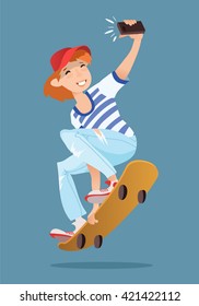 Cartoon boy on skate with Mobile Phone Selfie