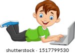 Cartoon boy operating laptop laying on floor