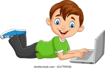 Cartoon boy operating laptop laying on floor