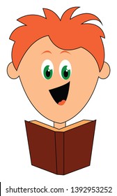 Cartoon boy with orange hair  green eyes rolled down  laughs with tongue stuck out while reading a brown book  vector  color drawing or illustration