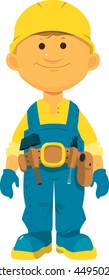 Cartoon boy in owerall of worker smiling friendly vector illustration