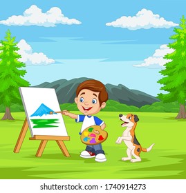 Cartoon boy painting with his pet in the park