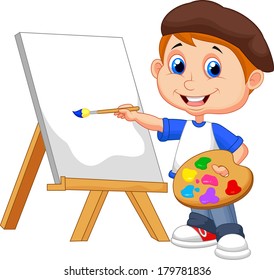 Cartoon Boy Painting On White Background