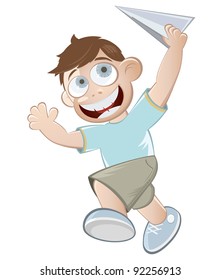 niño de caricatura con avión de papel