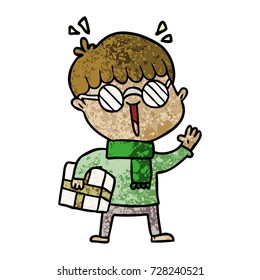 cartoon boy with parcel waving