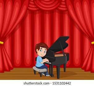 Cartoon Boy Performing Piano On The Stage