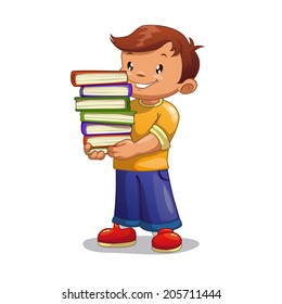 Cartoon boy with pile of books, isolated vector illustration