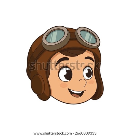 Cartoon Boy Pilot smiling with brown hat and goggles on a white background