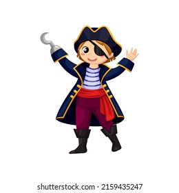 Cartoon boy pirate with hand hook, happy vector smiling kid corsair in carnival costume, cocked hat and eye patch. Child buccaneer personage in Halloween party dress, isolated freebooter or picaroon