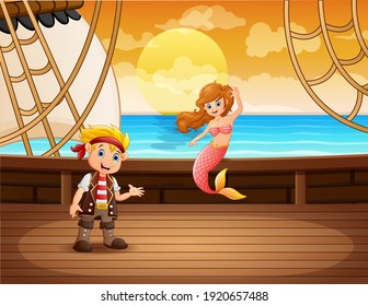 Cartoon boy pirate with mermaid on a ship