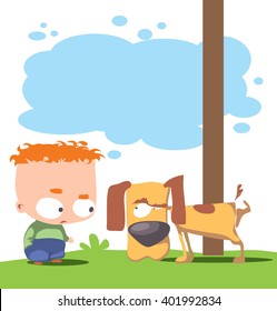 Cartoon boy and pissing dog