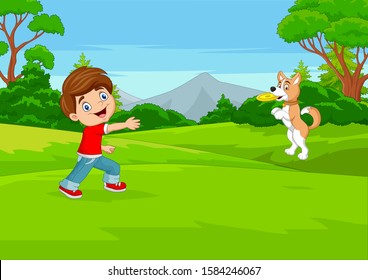 Cartoon boy play flying disc with his dog in the park