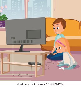 Cartoon Boy Play Videogame Sit on Floor Girl Watch Vector Illustration. Brother Sister Play Indoors. Family Entertainment. Kid Hold Controller. Game Console Play Station TV Monitor. Gaming Room