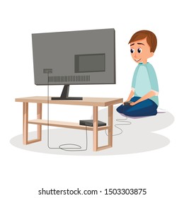 Cartoon Boy Play Videogame Sit on Floor Vector Illustration. Kid Hold Controller Joystick, Game Console. TV Monitor. Player Addiction. Teenager Gamer Child Gaming Entertainment