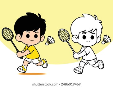 Cartoon boy playing Badminton 2D style and black white coloring page